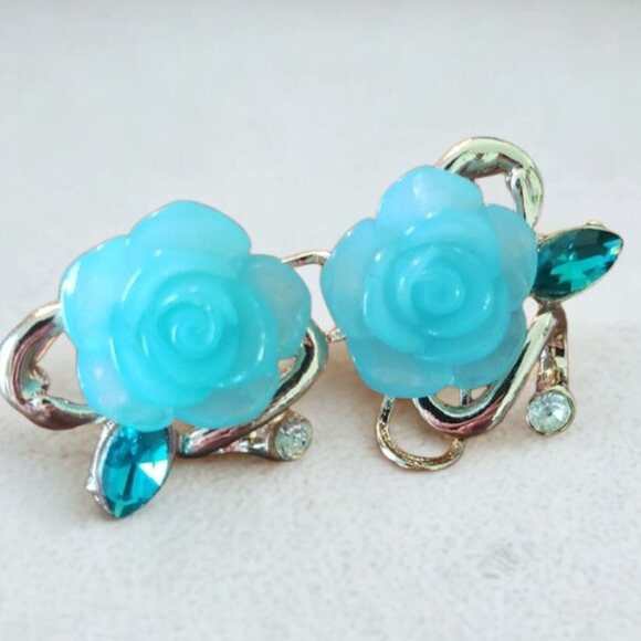 Blue Rose Faux Rhinestone Clip over Post Earrings - Picture 1 of 9